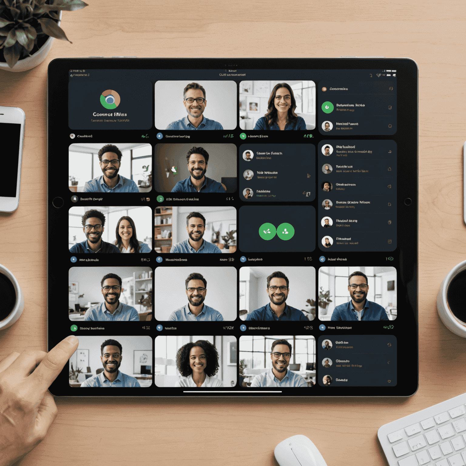 ConnectMe app interface showing a dashboard with various communication options including video calls, messaging, and file sharing optimized for 5G networks