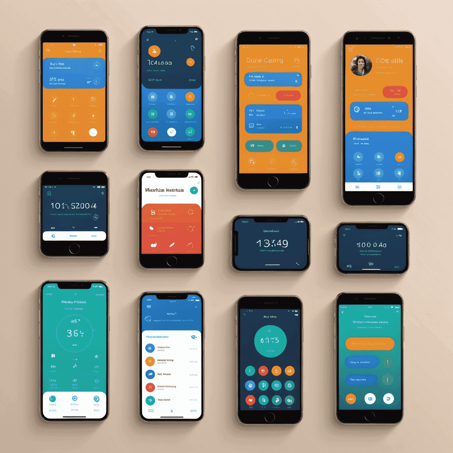 Various mobile phones displaying different voice calling plans, with icons representing minutes, texts, and international calls