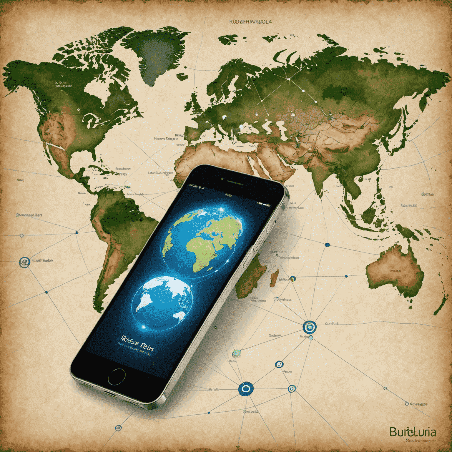 A world map with mobile phone signals connecting different countries, representing international roaming capabilities