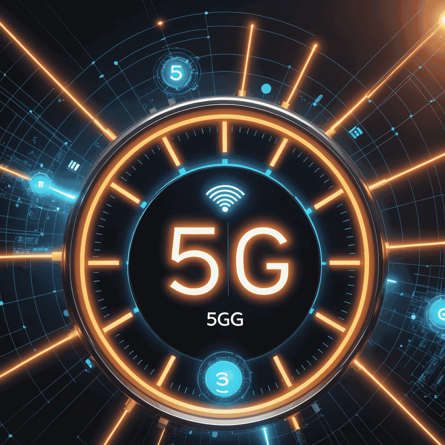 Visual representation of 5G network with connected devices and speed indicators