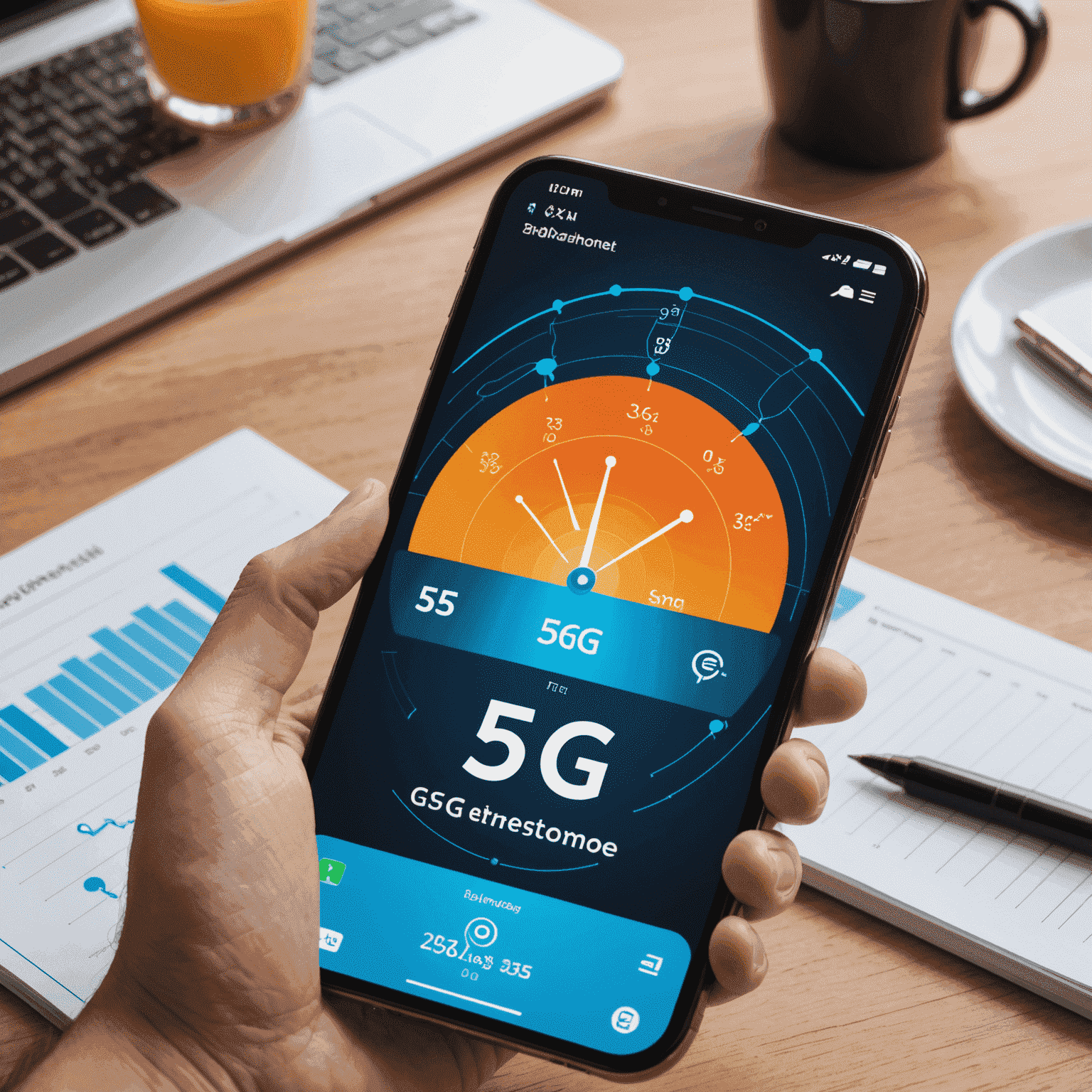 Smartphone displaying a 5G network icon and various data usage graphs