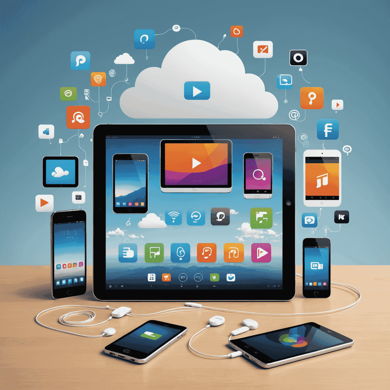 Illustration of a tablet and smartphone with streaming video, music, and cloud storage icons