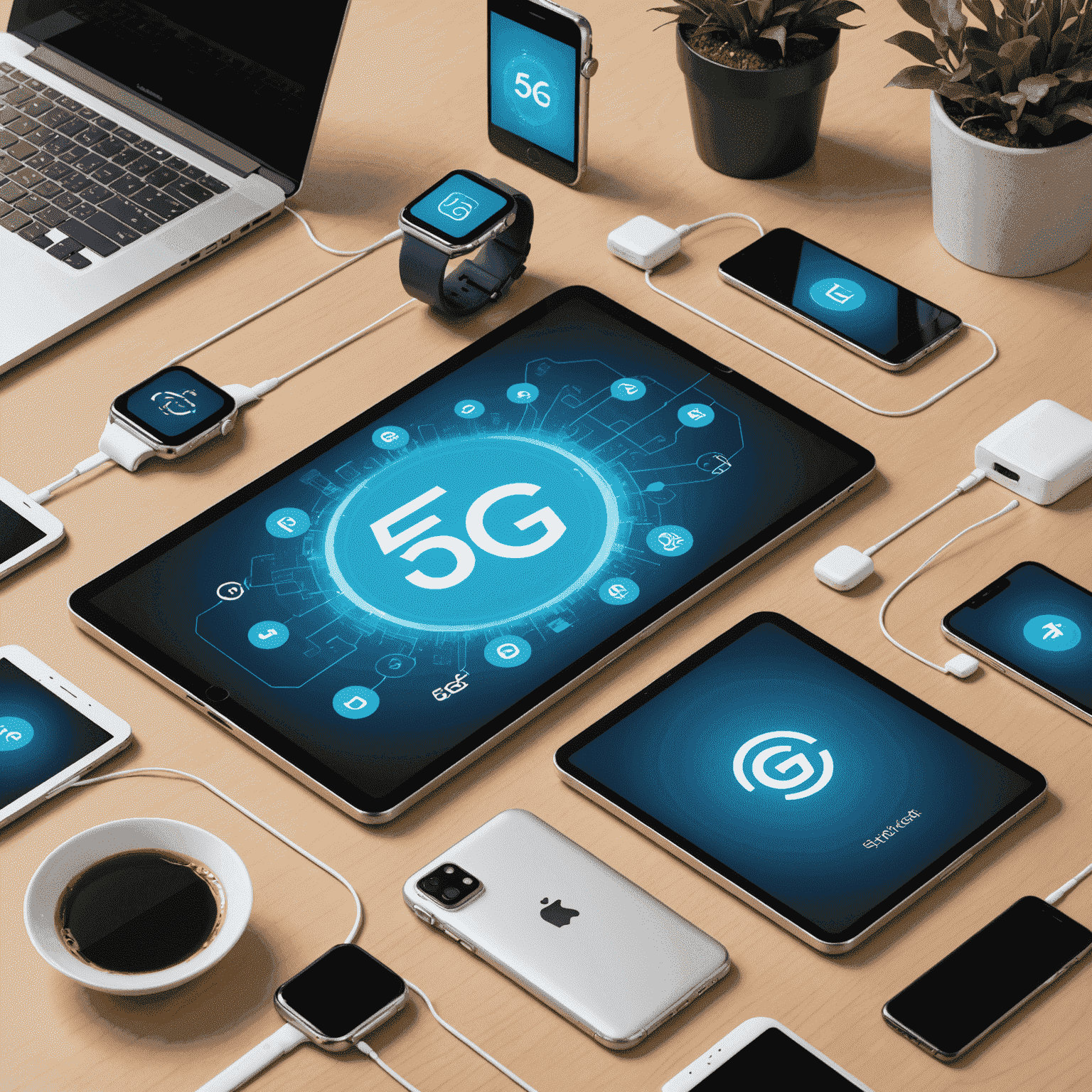 Illustration of multiple connected devices including smartphone, tablet, laptop, and smartwatch with 5G symbol
