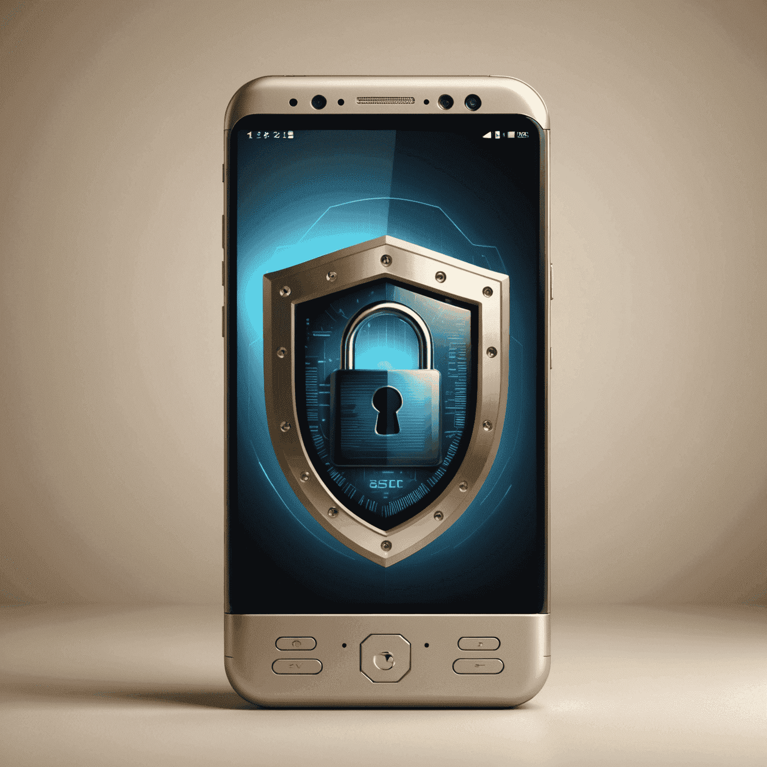 A smartphone with a digital lock and shield, representing mobile security and protection against cyber threats