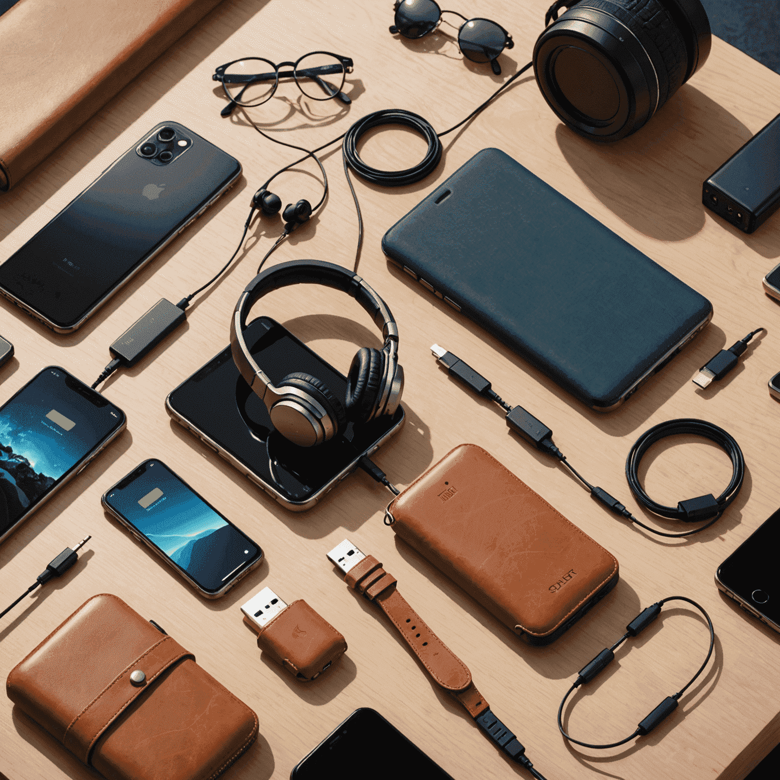Various mobile accessories including headphones, cases, chargers, and screen protectors