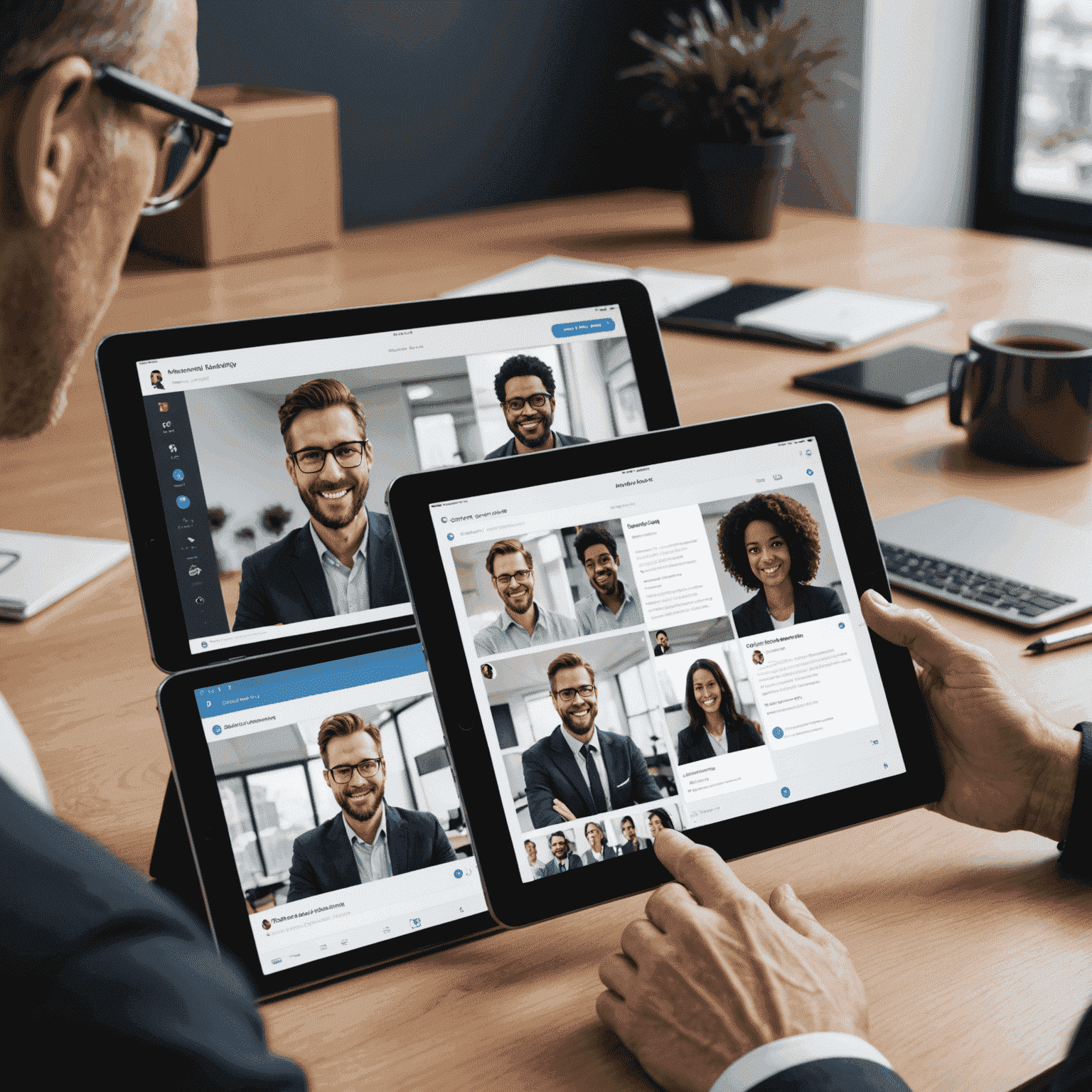 MobiWork app showcasing a split-screen feature with video conferencing and collaborative document editing