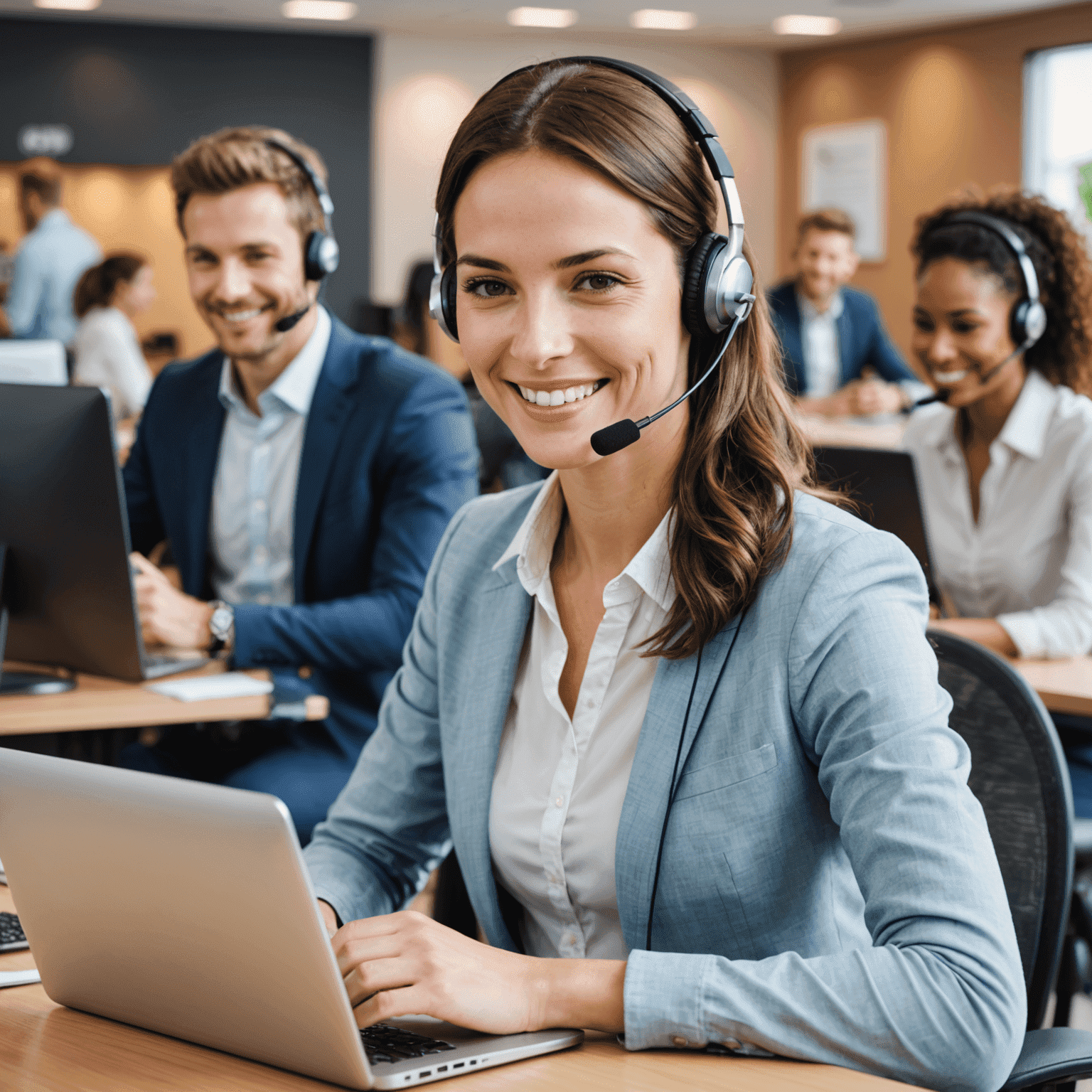 Friendly customer support representative wearing a headset and smiling, with mobile devices in the background